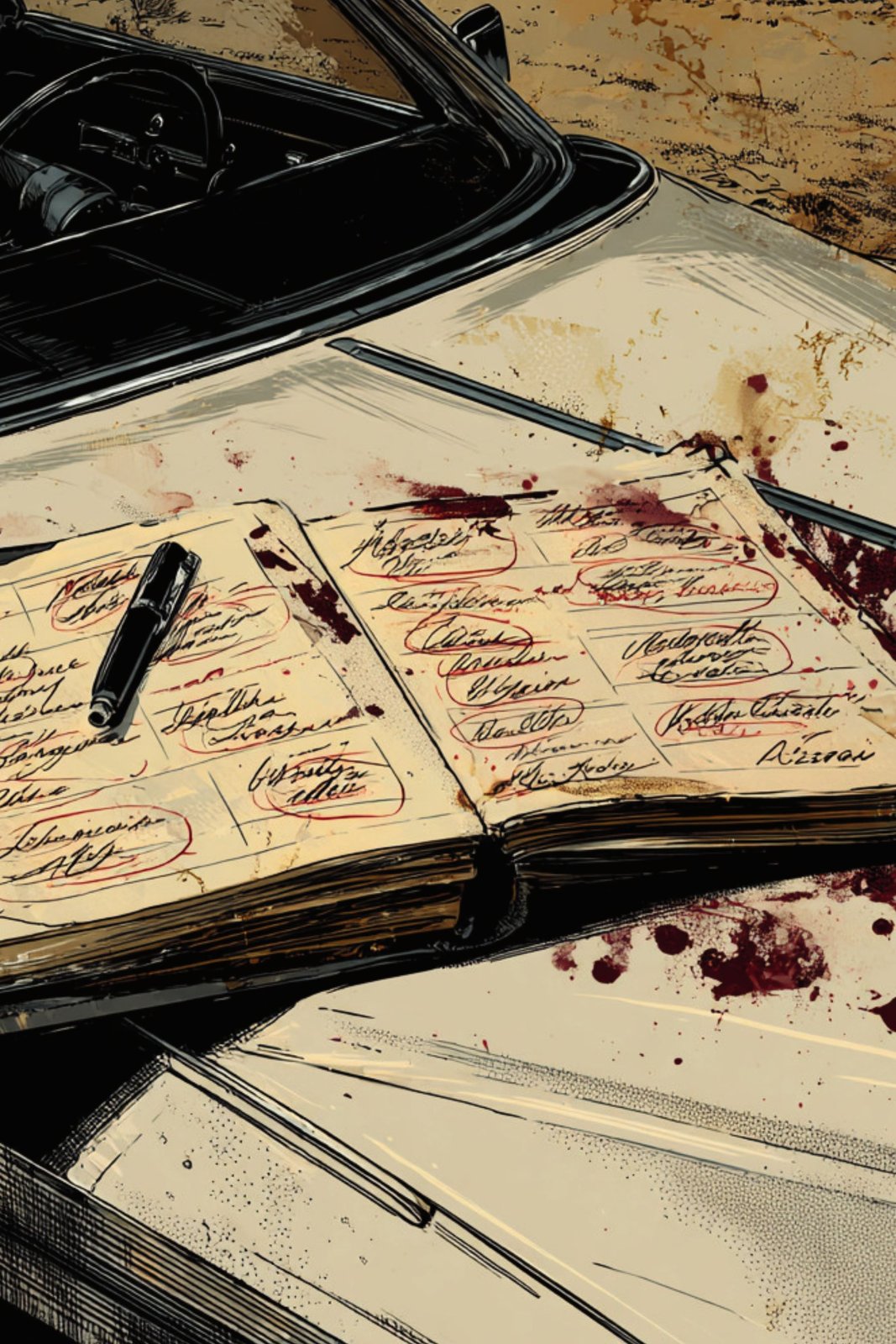 An open ledger, its entries circled in red, lies across the hood of a white car.