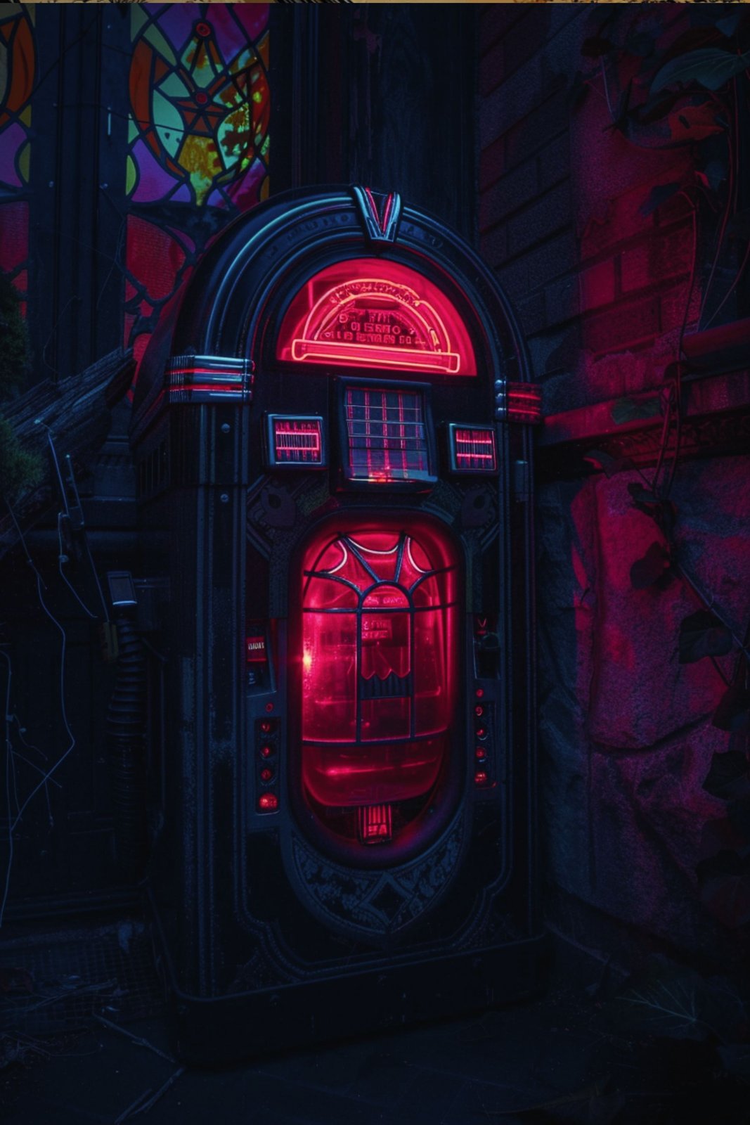 A jukebox glows red against stained glass, the kind of machine Doc keeps listening at the Dead Hallelujah.