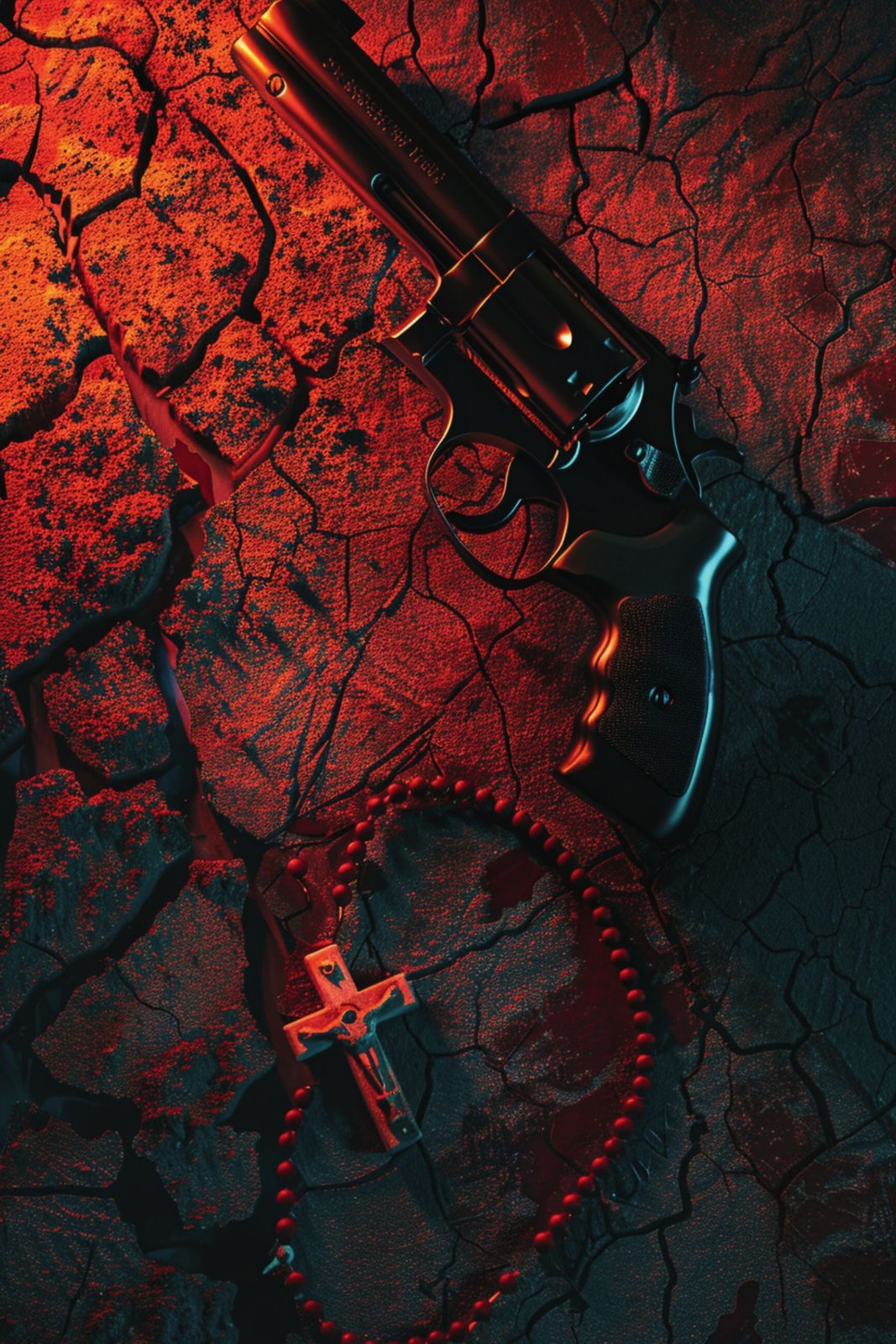 A revolver and a rosary on cracked red earth.