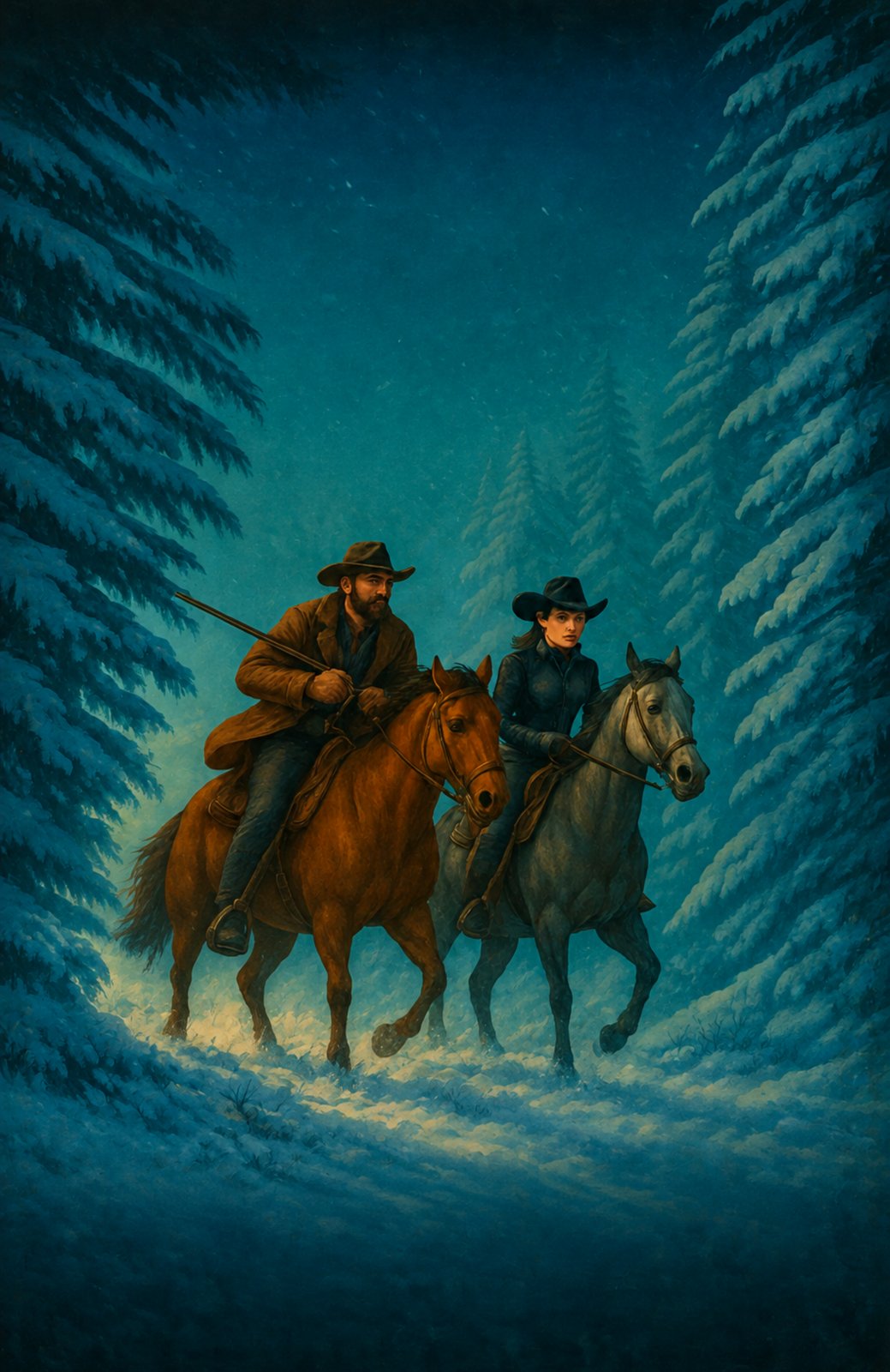 The second edition's cover art without type: two riders pushing through a snowbound pine forest.