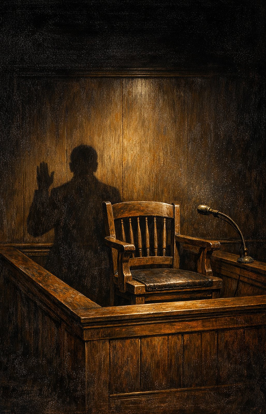 The painted cover art without its type: an empty oak witness chair and a gooseneck microphone in a heart pine box, with a man's shadow on the paneling behind it, one hand raised as if to take an oath.