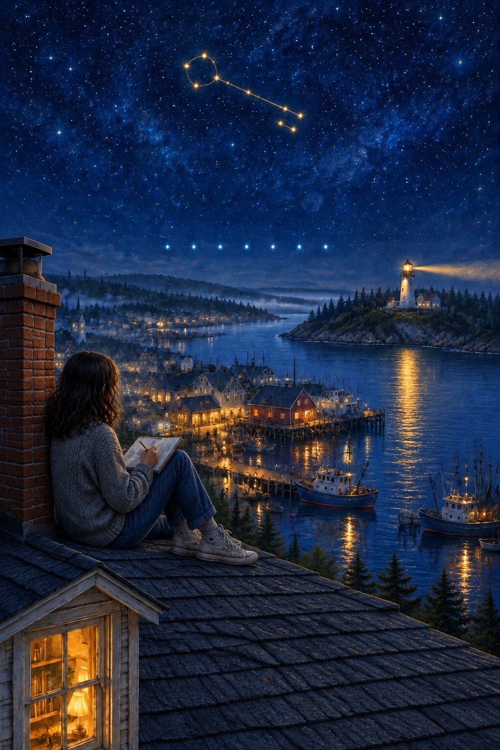 A girl in a gray sweater sketches on a rooftop beside the chimney, the harbor lit below, a lighthouse on the point and a key-shaped constellation overhead.