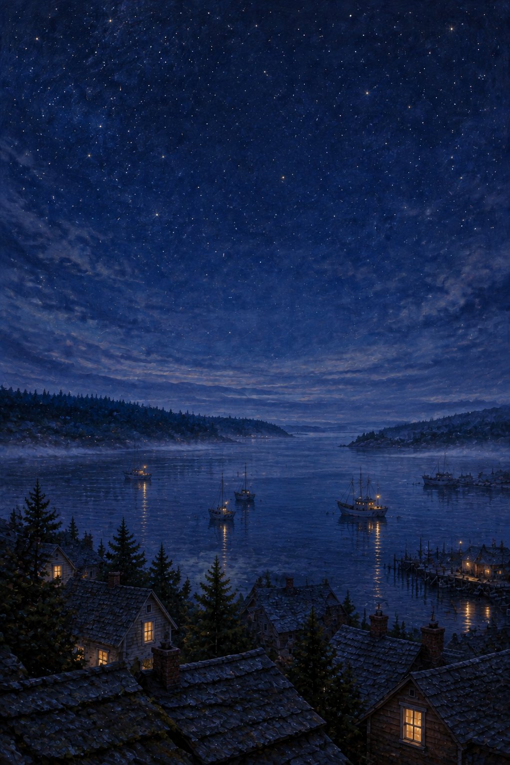 Night over the bay: fishing boats at anchor, fog on the water, and a sky full of stars above the town's dark roofs.