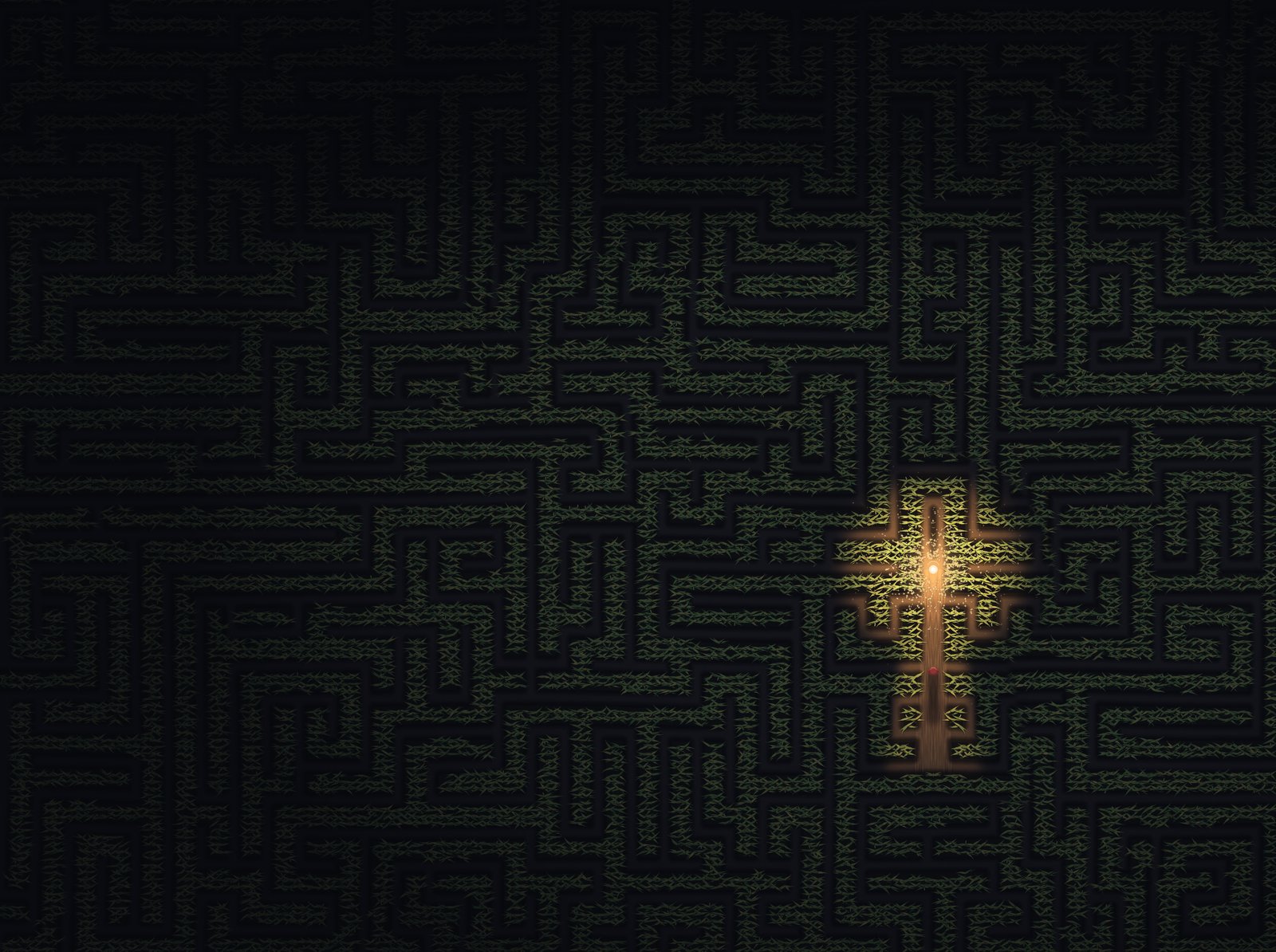 The cover art without its type, a dark corn maze seen from above with a single path lit gold by one small flame.