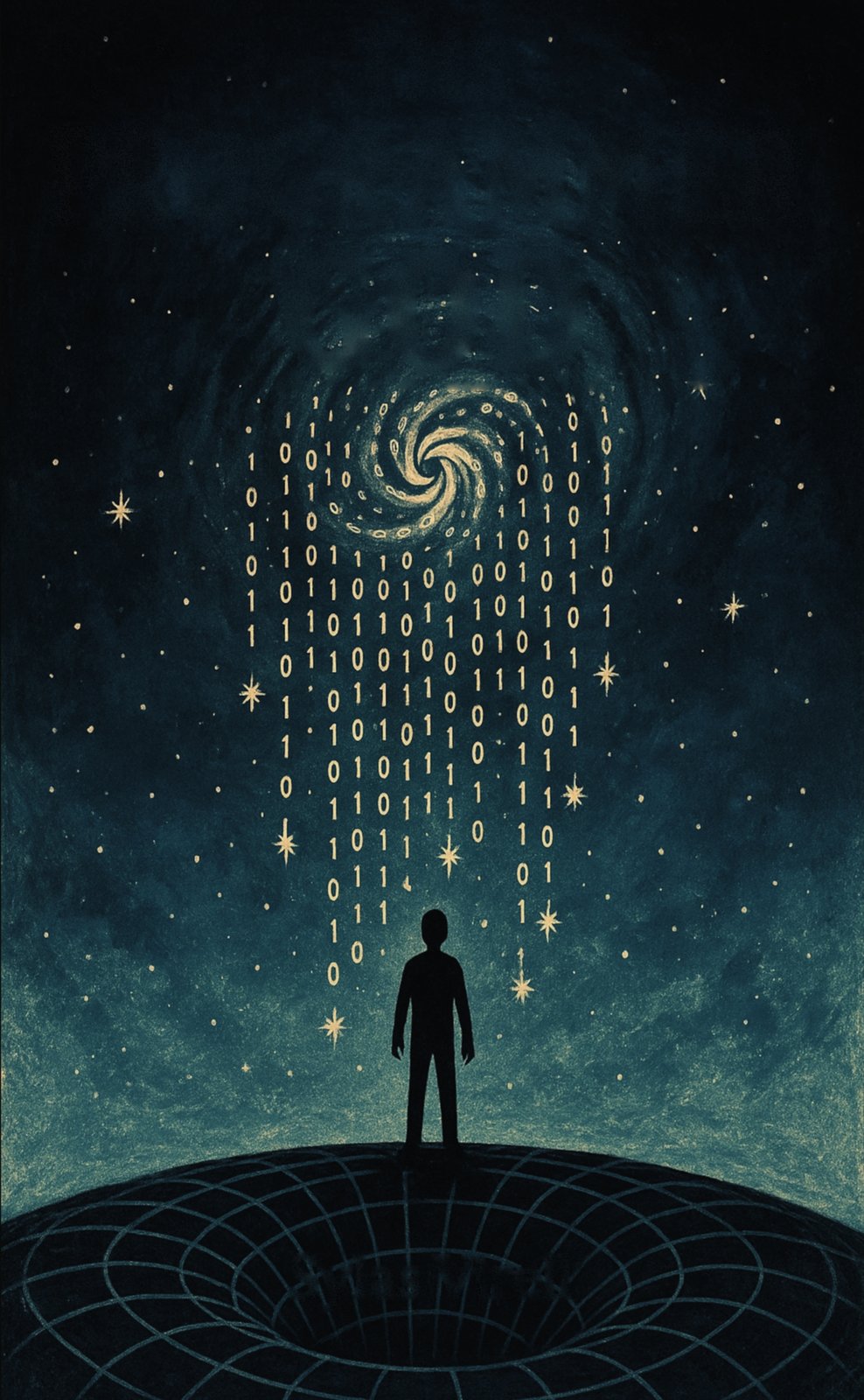 The front cover art without type, a lone silhouette on a curved grid beneath a spiral galaxy and falling columns of binary.