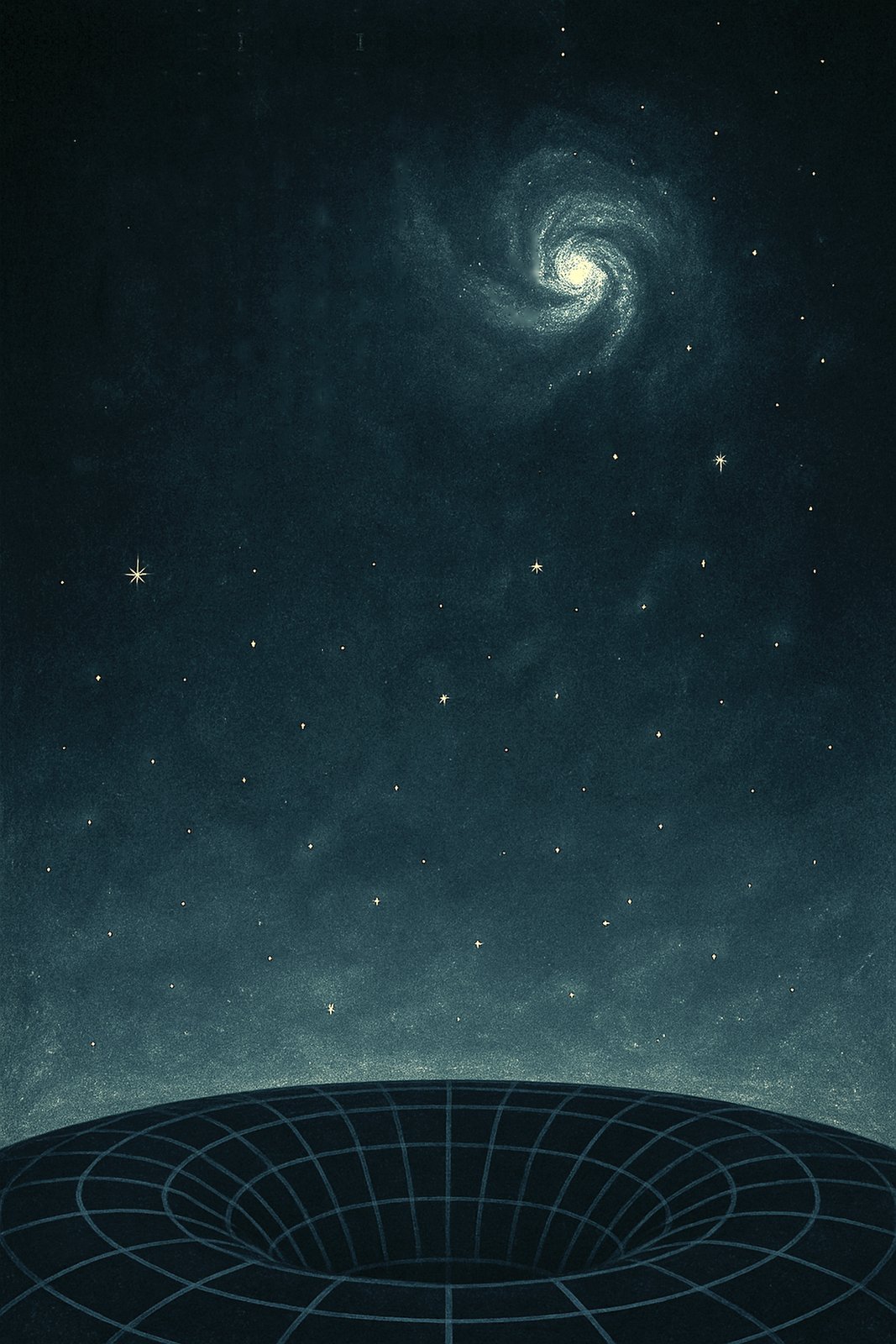 The back cover art, a spiral galaxy over a gridded well of space with no figure in it.